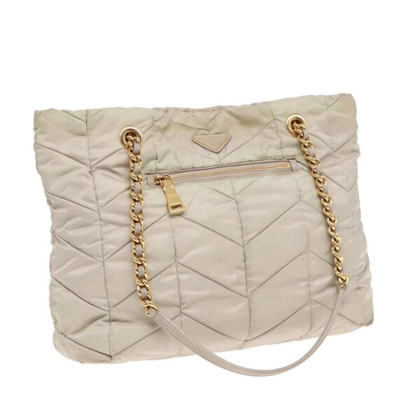 PRADA Chain Quilted Shoulder Bag Nylon Beige Gold Auth 91253 - Picture 1 of 14